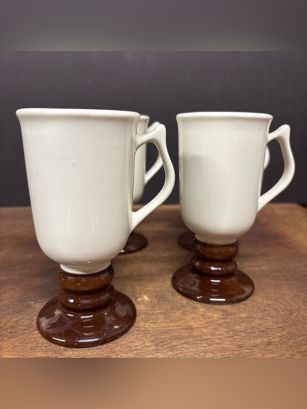 Vintage Hall USA Cream and Brown Ceramic Pedestal Mugs - Set of 4